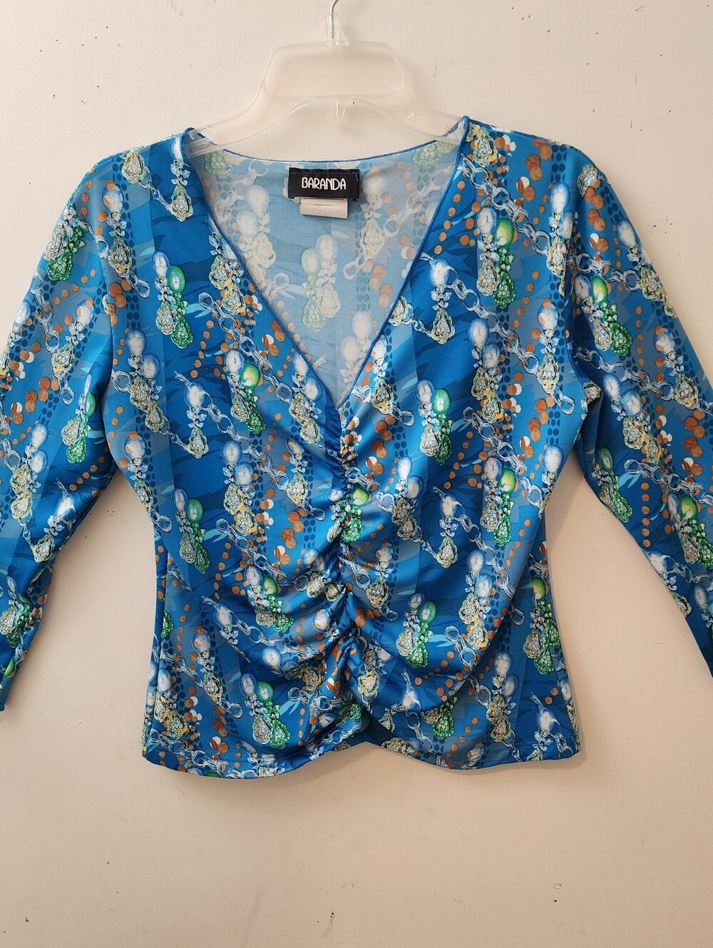 Baranda Y2k Gemstone Jewel Print Blue L Ruched Top Retro Glam Clubwear Mob Wife